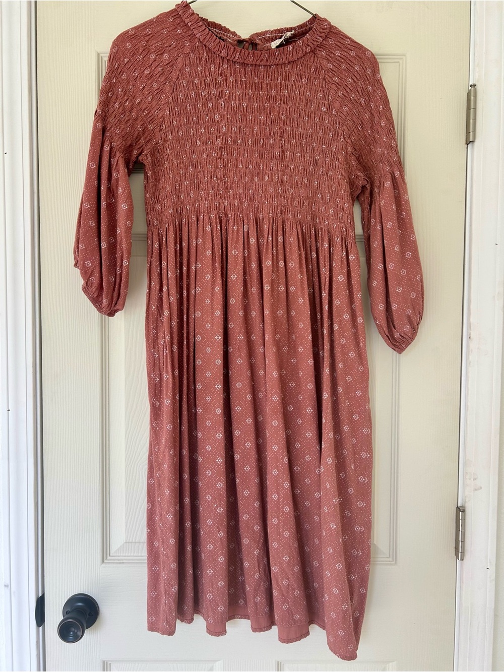 Roolee Dusty Rose Smocked Midi Dress with Ruffle Neck